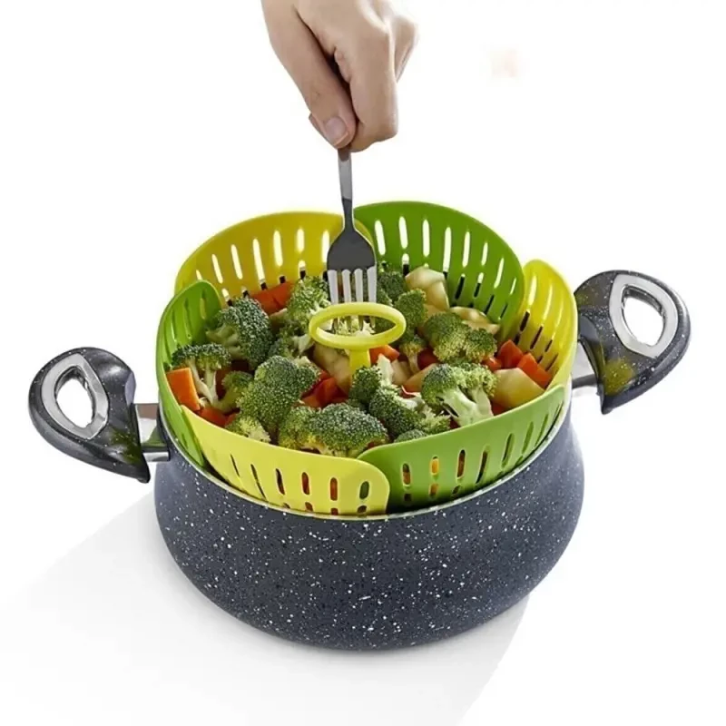 Witforms Foldable Basket for Steamer Cooking, lightweight design and ergonomic structure Not Scratch, Burn or Stick heat resistant perfect for boiling all foods - Green & Yellow